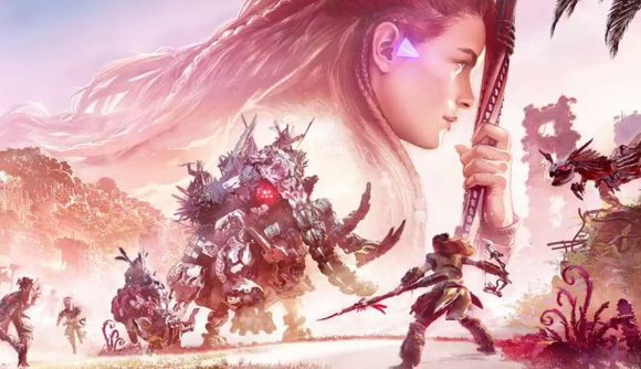Horizon Forbidden West Reviews: Aloy can be seen fighting some machines, with a larger drawing of Aloy behind her.