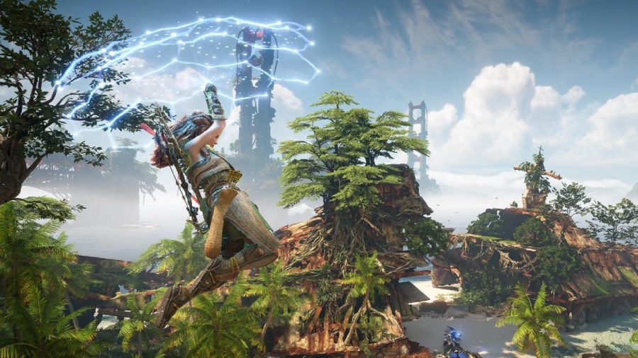 Horizon Forbidden West Skill Tree: Aloy can be seen gliding down with her Shieldwing