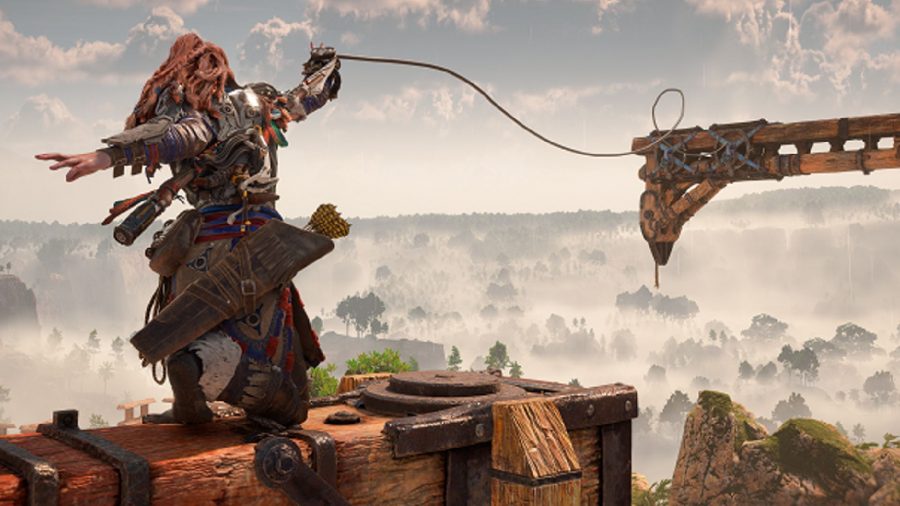 Horizon Forbidden West Survey Drone locations: Aloy can be seen using a Pullcaster on a piece of wood.