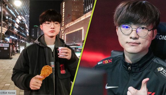 LCK T1 Faker: Faker holding chicken and Faker giving a thumbs up