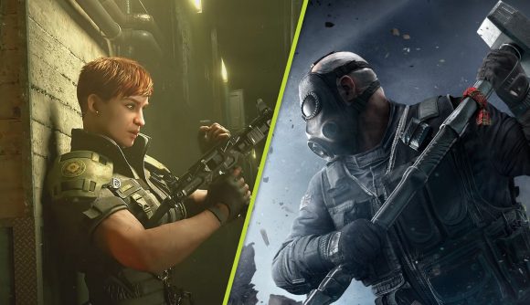A split image of two Rainbow Six Siege operators. The first is a female with short red hair holding an assault rifle. The second is a masked and armoured operator wielding a sledgehammer