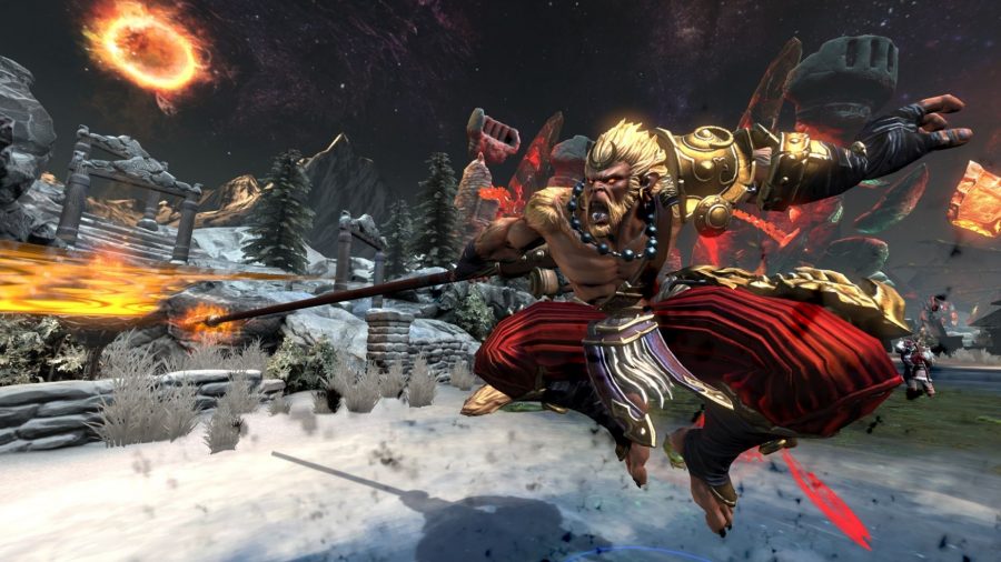 wukong jumping through the air in the moba smite
