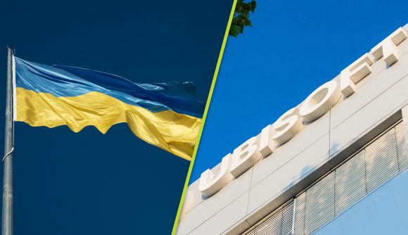 Ubisoft Ukraine: A Ukrainian flag flies next to the Ubisoft building in Kiev