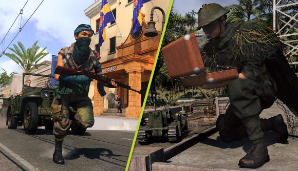 Warzone Pacific Season 2 buffs and nerfs: A split image showing two operators in Warzone's Caldera map. The one on the left is running down a street, chased by a green jeep. The one on the right is crouched, looking inside a brown box