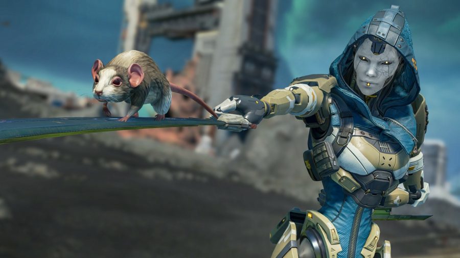 Apex Legends' Ash holds out a long sword. Her pet rat is scurrying across the sword's blade