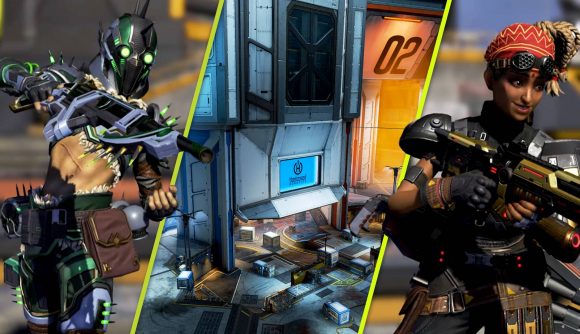 Apex Legends Drop-Off Arena Map: Three images, two of new Apex Legends skins for Octane and Rampart and one of the new Drop-Off Arenas map