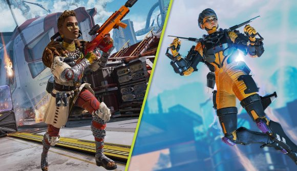 Apex Legends PS5 DualSense features: A split image of two Apex Legends characters. On the left is Bangalore running with a gun in hand, and on the right is Valkyrie boosting into the air