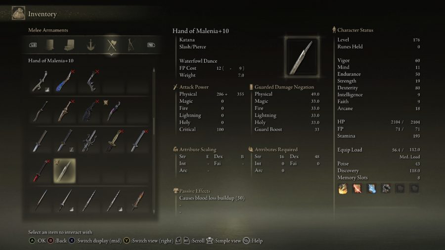 Best Elden Ring dex weapons: the menu for hand of malenia