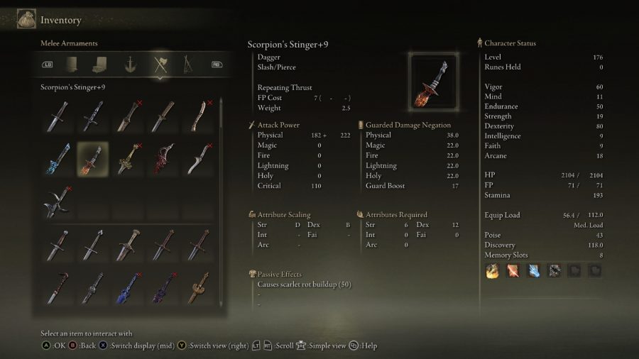 Best Elden Ring dex weapons: the menu for scorpion stinger