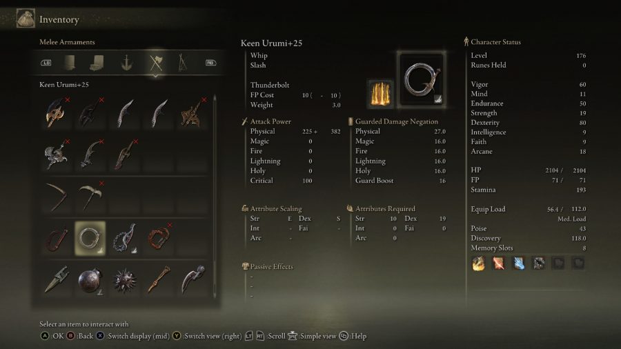 Best Elden Ring dex weapons: the menu for urumi