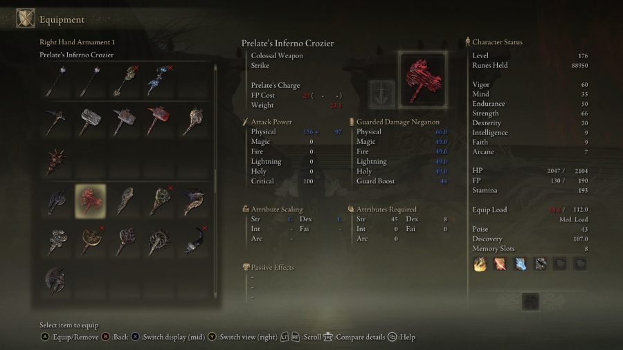 Best Elden Ring strength weapons: the menu for Prelate's inferno crozier