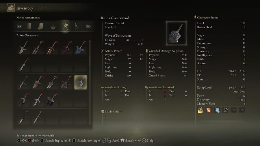 Best Elden Ring strength weapons: the menu for Ruin's Greatsword