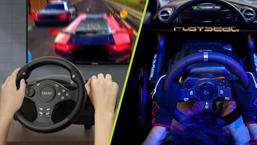 Xbox steering wheels, one by DOYO and one by Logitech spliced together from different images with a diagonal line down the middle. DOYO on the left shows someone holding the controller while they play in the room, image on the right shows the wheel inside an actual car.