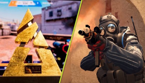 A split image showing a gold BLAST CS:GO trophy and a screenshot of a CS:GO character wearing a gas mask and firing a gun