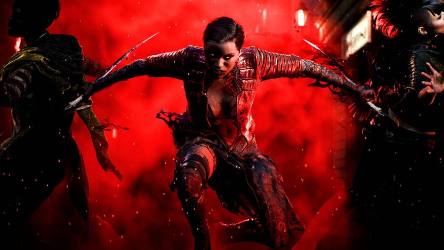Bloodhunt PS5 Release Date: A woman in red jumping through red smoke