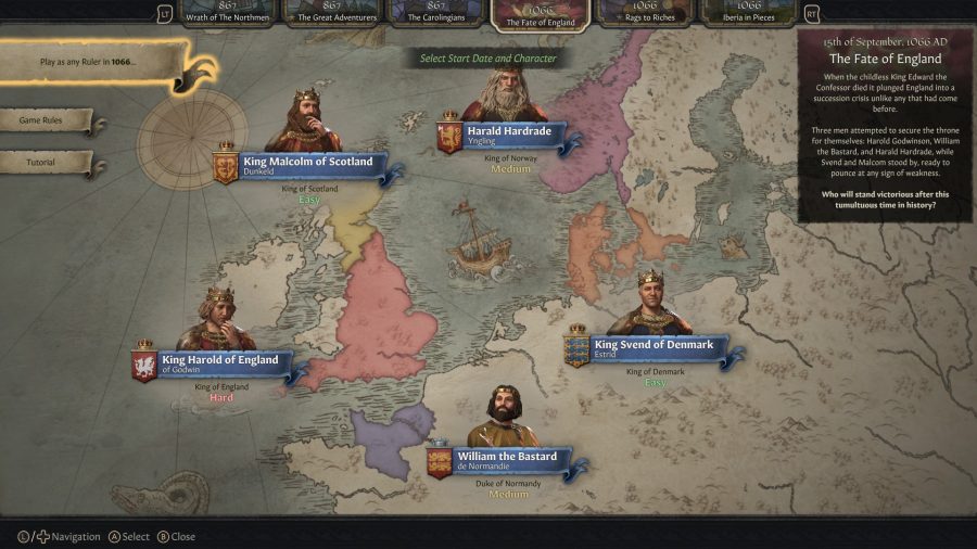 Crusader Kings 3 console edition: A map of northern Europe with five famous Kings layed over the top