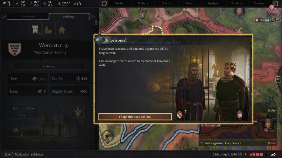 Crusader Kings 3 console edition: An in-game message showing a noble king looking at an imprisoned man 