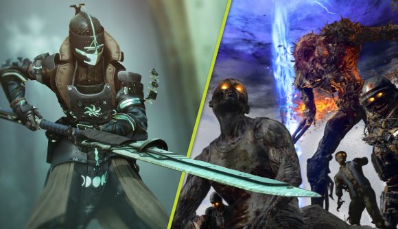 Destiny 2 horde mode: A split image showing a Destiny 2 character wielding a glaive, and a screenshot of multiple zombies from Call of Duty Zombies
