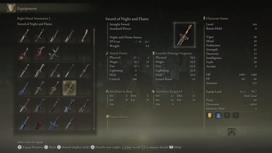 Elden Ring best Sword of Night and Flame build: stats