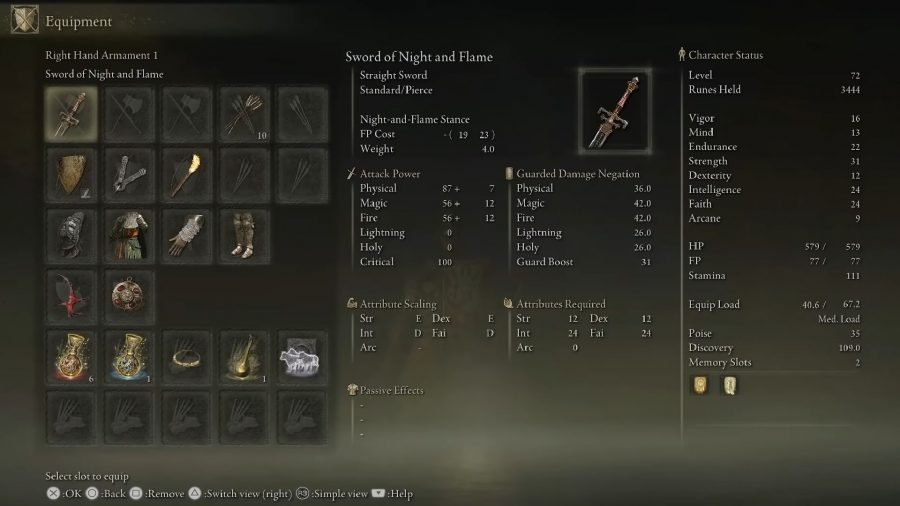 Elden Ring Best Weapons: The Sword of Night and Flame can be seen in the menu