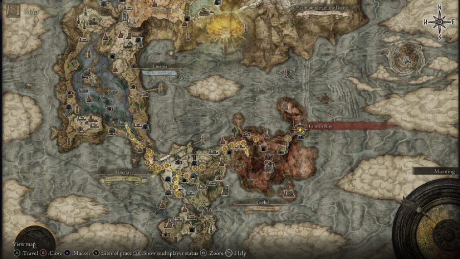 Elden Ring Bloodhound Step: The map shows the location of Dragonbarrow