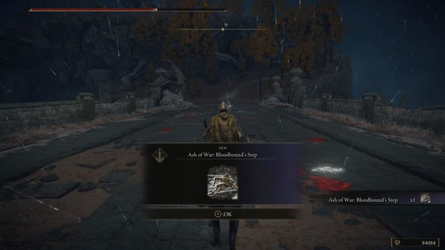 Elden Ring Bloodhound Step: The Ash of War can be seen obtained by the player.
