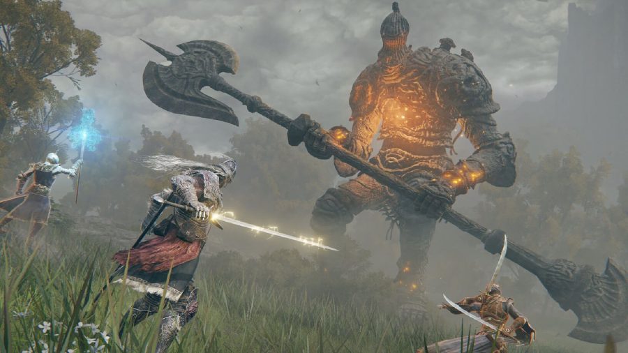 Elden Ring Combat Bloodborne: Players can be seen taking on a large giant