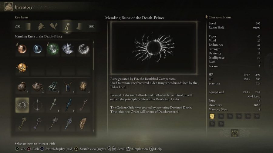 Elden Ring Fia Quest Guide: The Mending Rune of the Death Prince can be seen