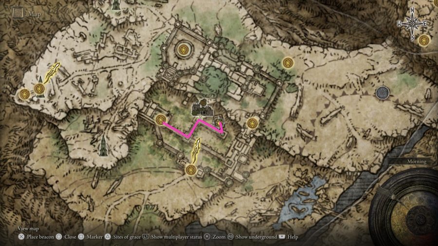 Elden Ring Sword of Night and Flame location: map showing the route to the sword
