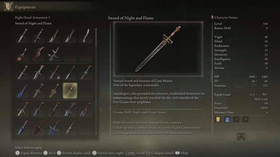 Elden Ring Weapon Tier List: The Sword of Night and Flame can be seen in the menu