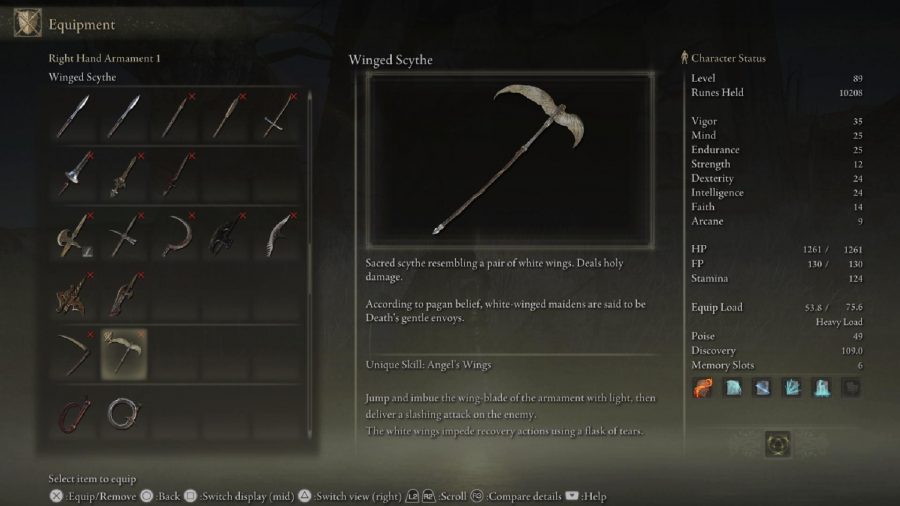 Elden Ring Weapon Tier List: The Winged Scythe can be seen in the menu