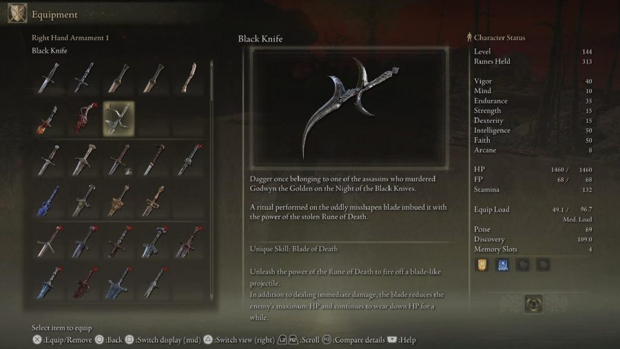 Elden Ring Weapon Tier List: The Black Knife can be seen in the menu