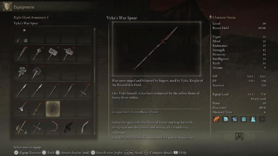 Elden Ring Weapon Tier List: Vyke's War Spear can be seen in the menu