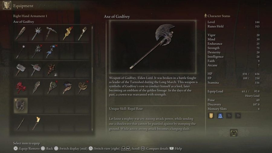 Elden Ring Weapon Tier List: The Axe of Godfrey can be seen in the menu
