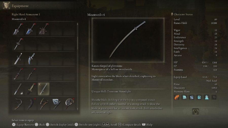Elden Ring Weapon Tier List: The Moonveil Katana can be seen in the menu