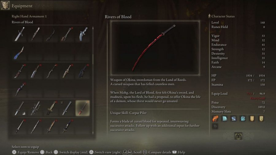 Elden Ring Weapon Tier List: The Rivers of Blood can be seen in the menu