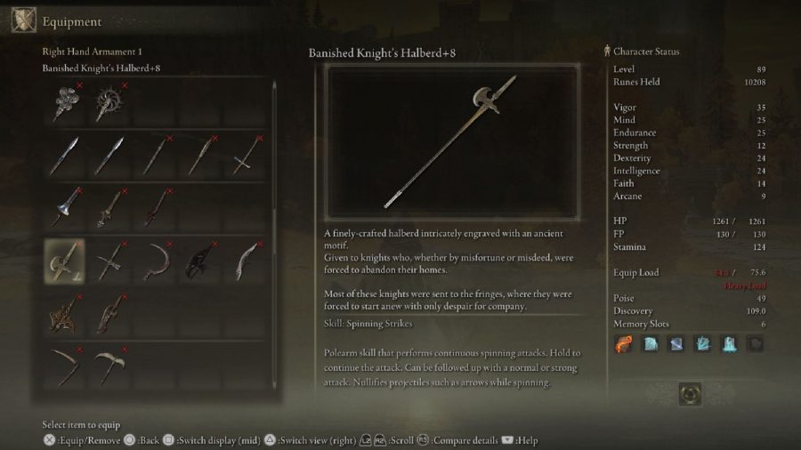 Elden Ring Weapon Tier List: The Banished Knight's Halberd can be seen in the menu