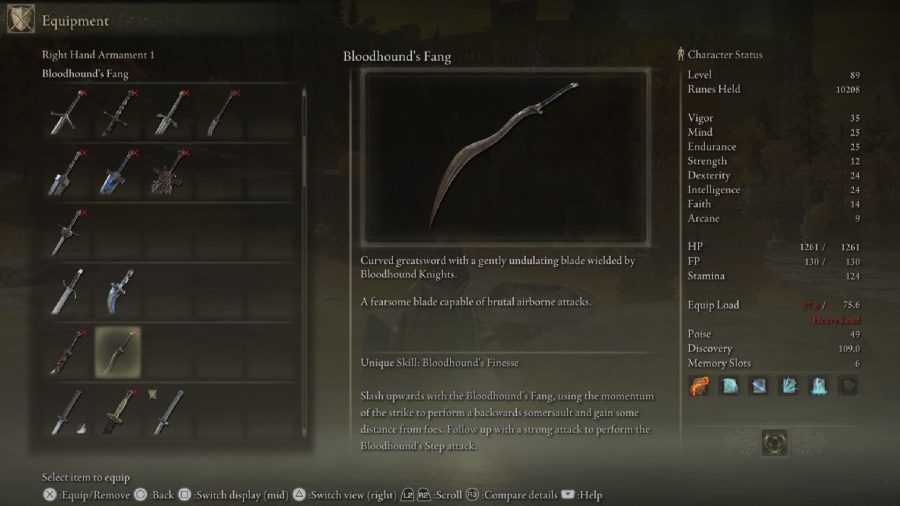 Elden Ring Weapon Tier List: Bloodhound's Fang can be seen in the menu