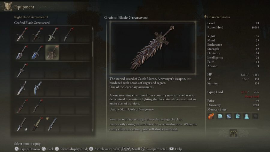 Elden Ring Weapon Tier List: The Grafted Blade Greatsword can be seen in the menu
