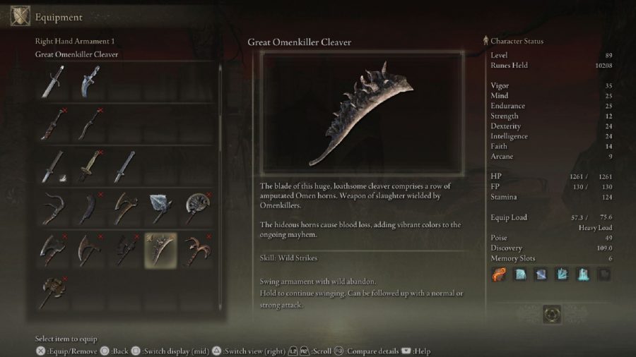 Elden Ring Weapon Tier List: The Great Omenkiller's Cleaver can be seen in the menu