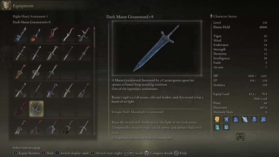 Elden Ring Weapon Tier List: The Dark Moon Greatsword can be seen in the menu