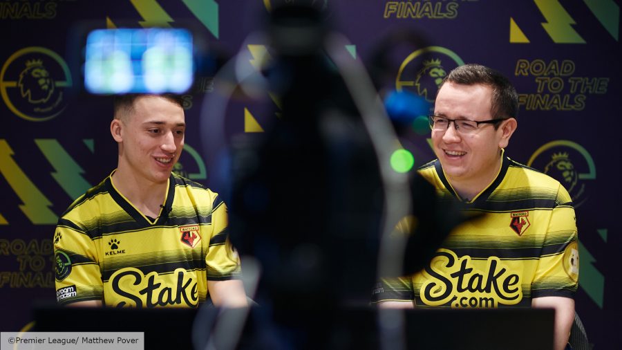 FIFA 22 ePremier League: Watford's representatives Stokes and Shawrey talk into a camera at an ePremier League media day