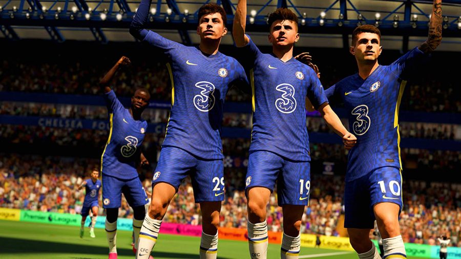 FIFA 23 Crossplay: Three players from Chelsea on the pitch celebrating in FIFA 22