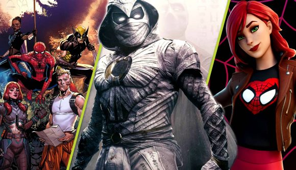 Fortnite Moon Knight Skin: Three images, one of Fortnite's Zero War comic cover, one of Moon Knight from the Disney Plus series, and one of MJ Watson's Fortnite skin