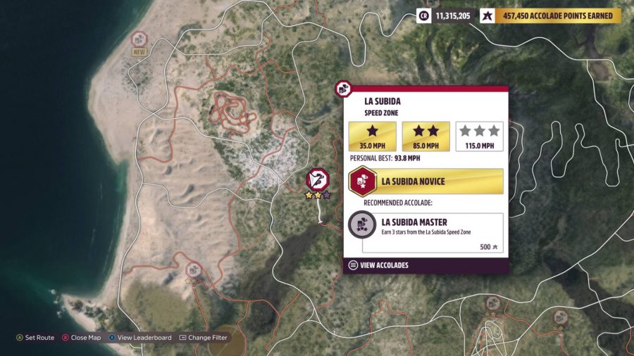 Forza Horizon 5 La Subida Speed Zone: The location of the Speed Zone is shown on the map.