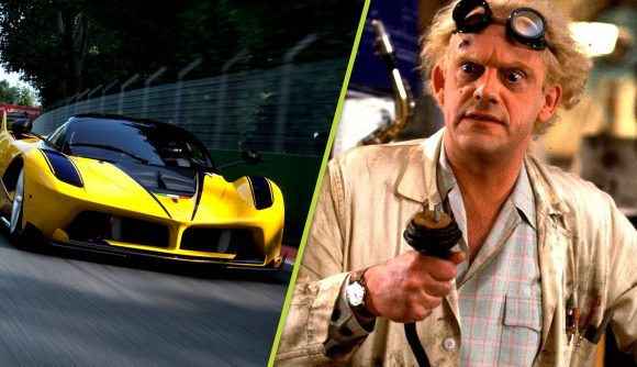 Gran Turismo 7 Back to the Future Easter Egg: Two images, one of a Lamborghini in Gran Turismo 7 and the other of Doc Brown from Back to the Future.