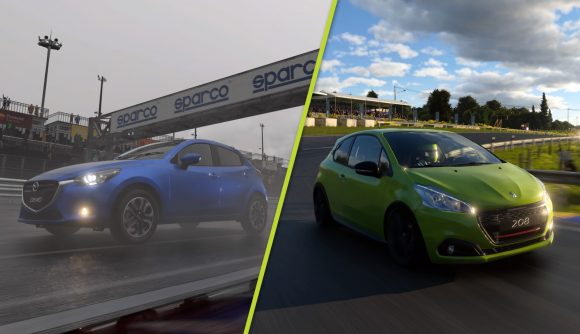 Gran Turismo 7 servers down: a split image of a blue hatchback driving in rainy conditions and a green hatchback taking a corner with a cloudy blue sky behind