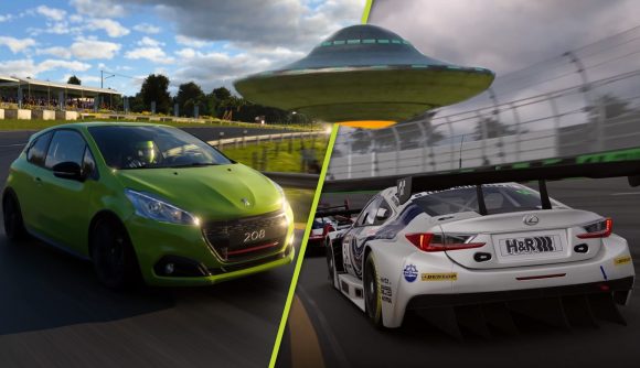 Gran Turismo 7 UFO easter egg: Two screenshots of cars on track in Gran Turismo 7, with a UFO overlaid on top