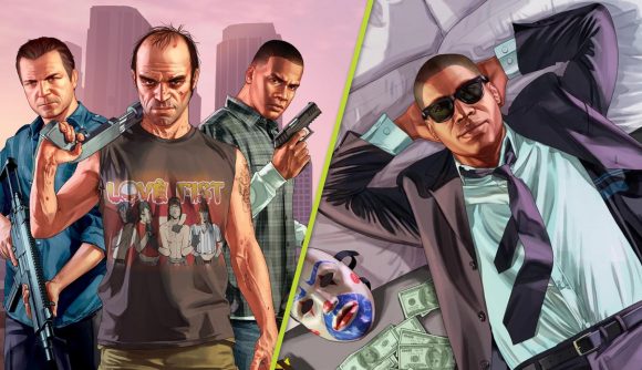 GTA V PS5 Xbox Series X Price: Michael, Trevor, and Franklin can be seen with another person laying on a bed with money