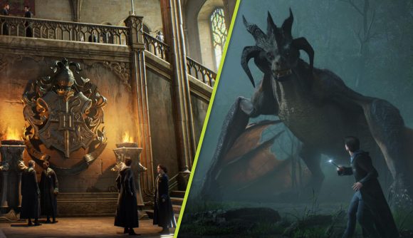 Hogwarts Legacy Open World: Students can be seen in a hallway and another student can be seen fighting a large dragon